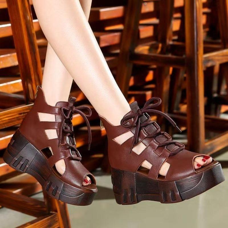 

Fish mouth lace-up high-heeled soft leather women s cool boots wedge heel platform sandals summer women s sandals 41