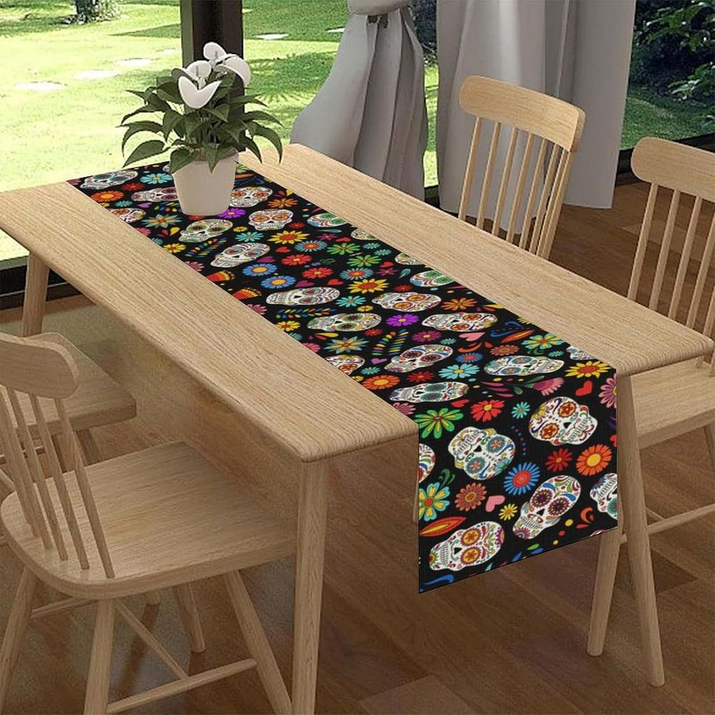 Mexican Day of The Dead Skull Floral Linen Table Runner Tabletop Decor Reusable Kitchen Dining Table Runner Holiday Party Decor