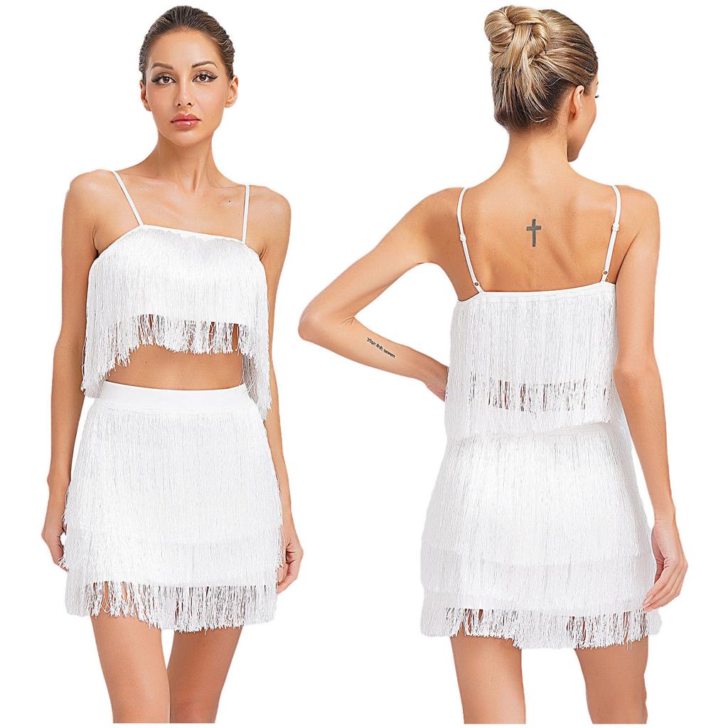 Womens 2 Piece Fringe Dance Set Adjustable Spaghetti Strap Crop Top Elastic Waist Tassel Skirt Club Party Costume