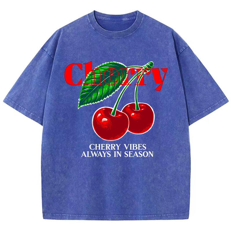 Casual Womens Acid Wash T-Shirts Cherry Vibes Always In Season Prints Tees Distressed Oversize Cotton Short Sleeve Clothes