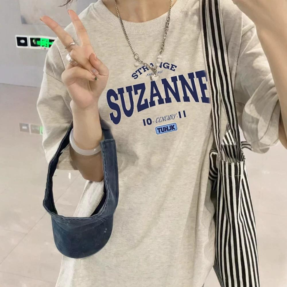Summer New Navy Blue Round Neck Cotton Short-sleeved T-shirt Women's Clothing American Trendy Brand Letter Design Casual Loose Top