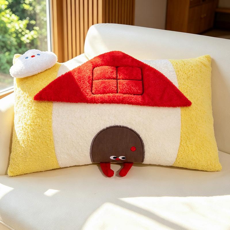 Kawaii Hausförmiges Plüschkissen Rote Blaue Gelbe Farben Mit Niedlichem Türauge Und Wolkendetail Kuscheltier Display Zuhause Gefüllt 60x35cm