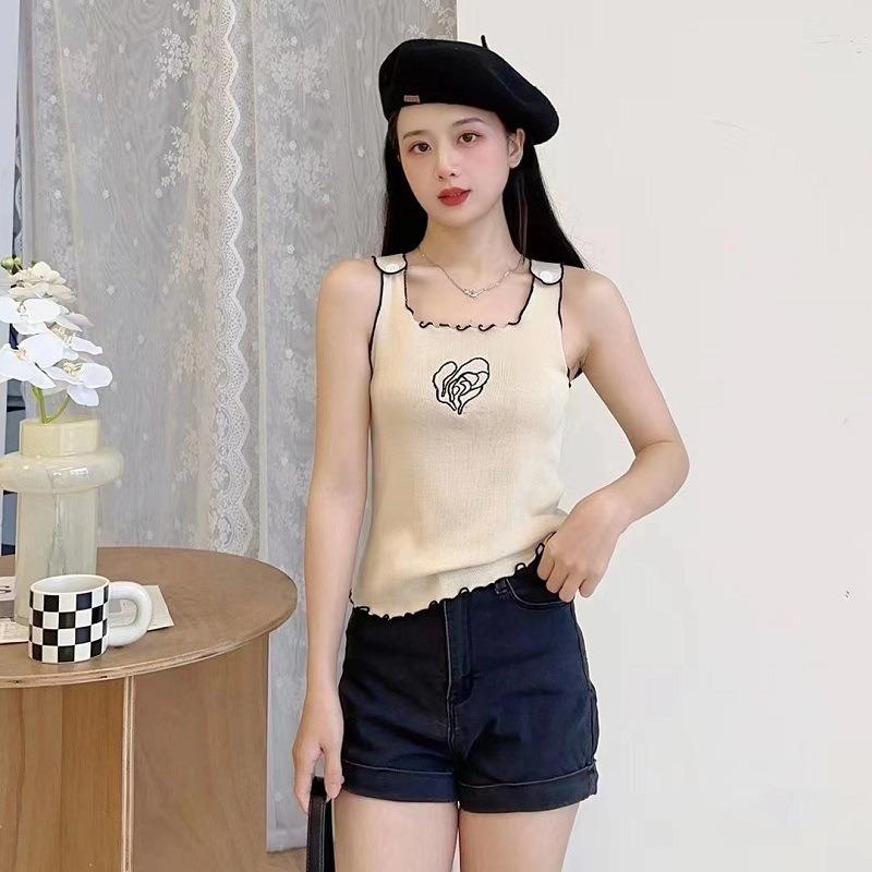 New Summer Design Simple Temperament Sweet Contrasting Color Embroidered Knitted Vest Suspender Top