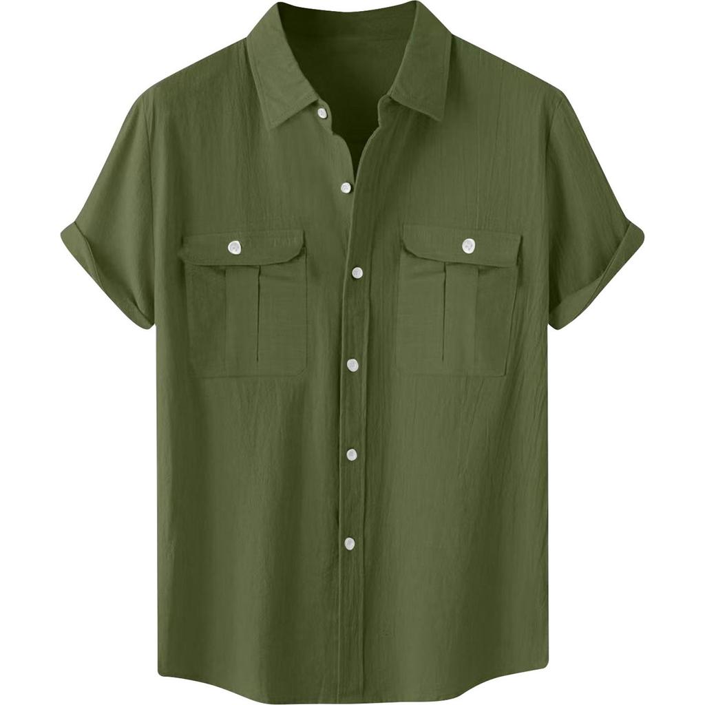 Men's Double Pocket Cotton And Linen Leisure Holiday Short-sleeved Shirt