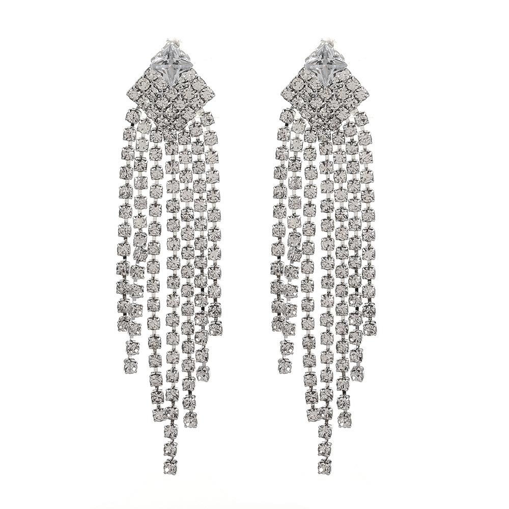 High Quality Light Luxury Full Diamond Exaggerated Chain Fringed Earrings Femininity Love Rhinestone Earrings Internet Celebrity Earrings Wholesale