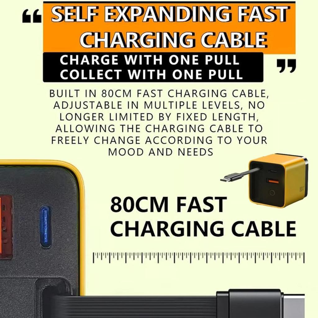 Charger, Expandable 80w Max Fast Charger Module With Type-C Cable And 2 USB Ports, Retractable Phone Charger Wall Plug