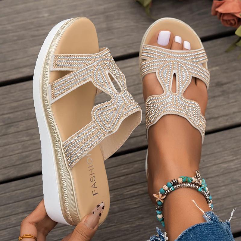 Fashion Fashion Rhinestone Wedge Slippers for Women 2025 Summer Lightweight Non Slip Beach Slides Woman Peep Toe Platform Casual Sandals