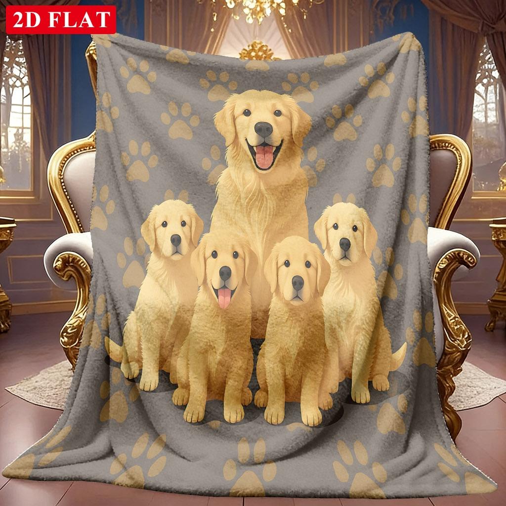 A 2D Golden Retriever Family of Five Themed Flannel Blanket, Featuring Soft High-definition Digital Printing, a Cooling Blanket Suitable for All Seaso