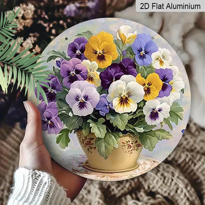 2D Flat Aluminum Wall Art with Three-Color Floral Design Rustic Country Style 7.87 Inches X 7.87 Inches Perfect for Gardens, Farmhouses, Cafes, Front