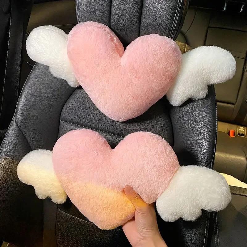 Love Wings Heart-Shaped Plush Car Headrest Neck Pillow Soft Cute Kawaii Car Seat Accessory - Unique Auto Interior Cushion