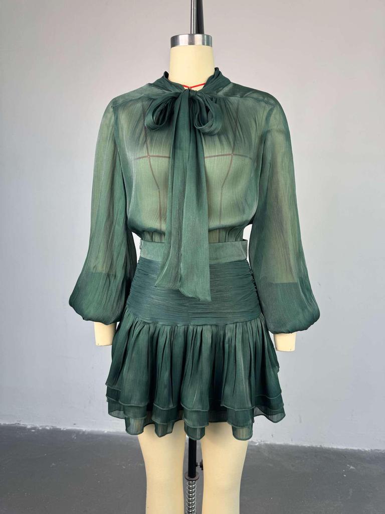 European-American Women's Fashion: Bow-Tie Top & Ruched Midi Skirt Set