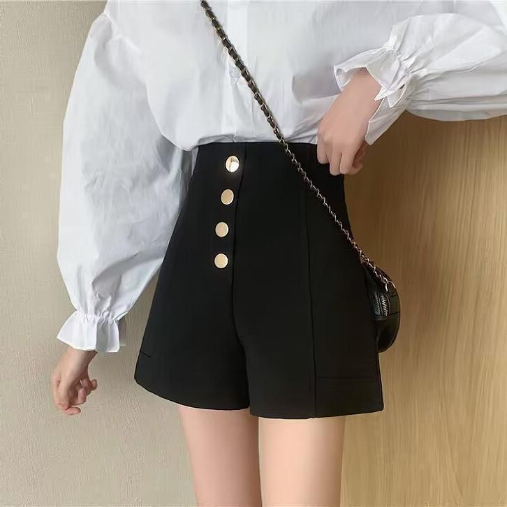 High-Waisted Black A-Line Wide-Leg Shorts - Summer 2024 Korean-Style Fashion for Girls