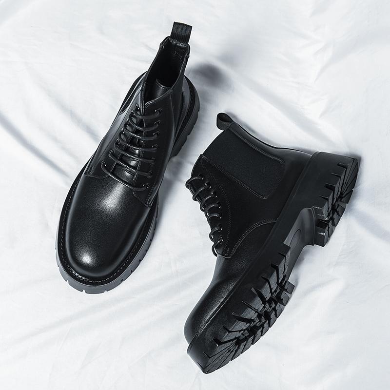 Stivali da Uomo Nuove Scarpe in Pelle a Punta Larga Autunno e Inverno Allacciatura Alta Suola Spessa Durevoli Europei Neri Taglie 38-44 Scarpe da Uomo