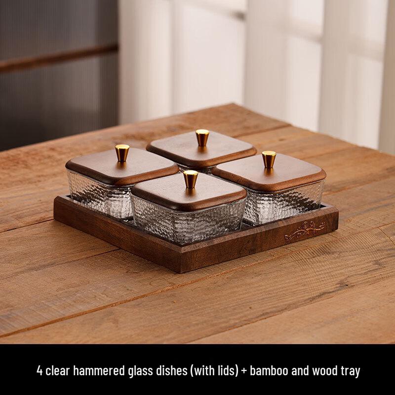 Walnut Wood & Glass Divided Serving Tray with Lid