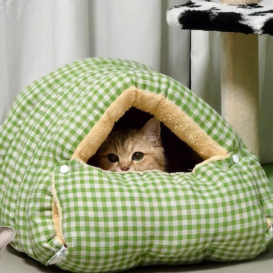 Cat Tunnel Bed Warm Plush Semi-Enclosed Cat Cave Bed Washable Cozy Cats Tent Calming Bed for Indoor Cats Small Dogs Puppies
