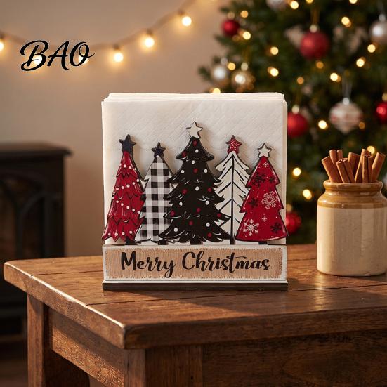 Christmas Tree Paper Towel Holder Theme Wooden Napkin Holder, Decorative Holiday Stand, Festive Dining Table Organizer HD UV Printing for Kitchen