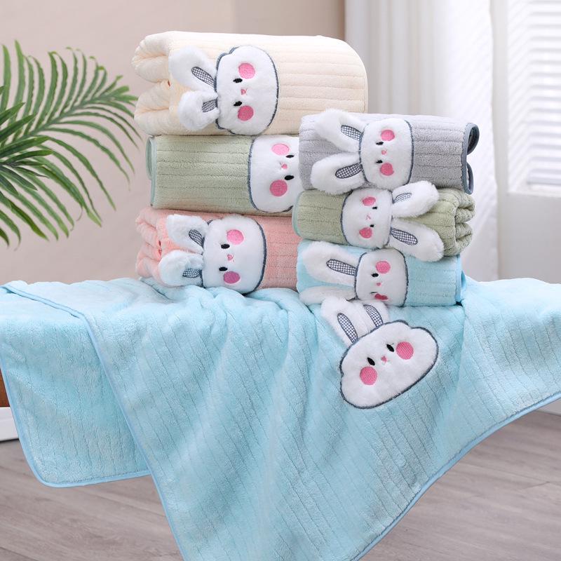 Plus Size Cartoon Rabbit Bath Towel Set for Kids - Cute, Quick Dry, and Absorbent Coral Fleece for Home Use