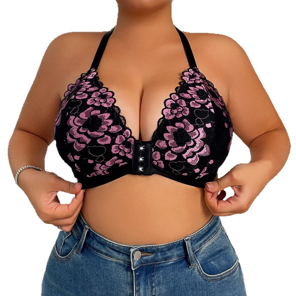Plus Size Floral Lace Front Closure Halter Wireless Bra