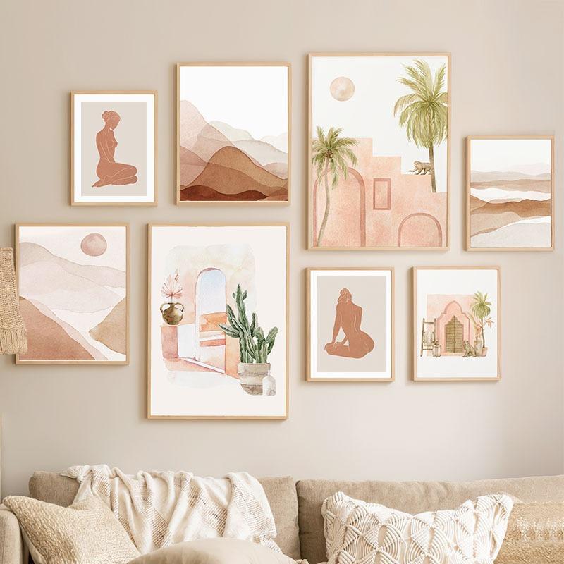 

Boho Mountain river Sun Nude Girl Cactus Tree Landscape Posters And Print Wall Art Canvas Painting Picture For Living Room Decor 21cm×30cm NoFrame