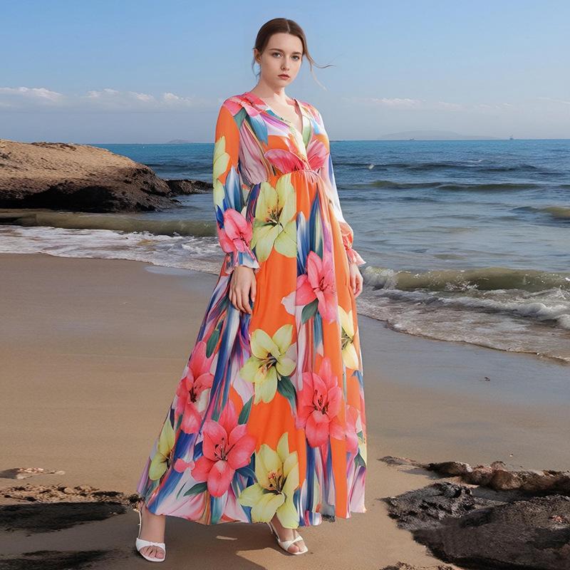 Long-sleeved Dress Women's Floral Long Dress Beach Dress Plus-size