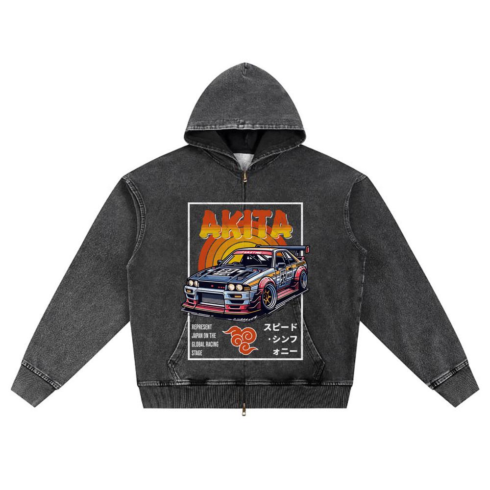 DTG Print Knitted Denim Zip-Up Hoodie Akita Brother Print Zipper Hoodies