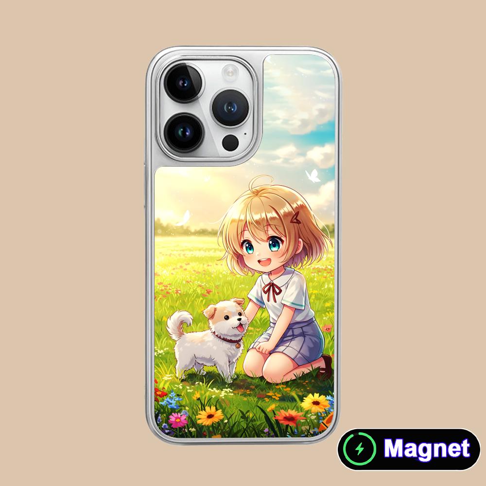 

Girl Dog Puppy Silver Plating Magsafe Mobile Phone Case for iPhone 17 16 15 14 13 12 11 Air Pro Max Plus Colorful Cover iPhone 11