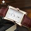 WWOOR Klasické módní pánské obdélníkové hodinky Pánské Zlaté Hnědé Kožené Quartzové Vodotěsné Náramkové hodinky