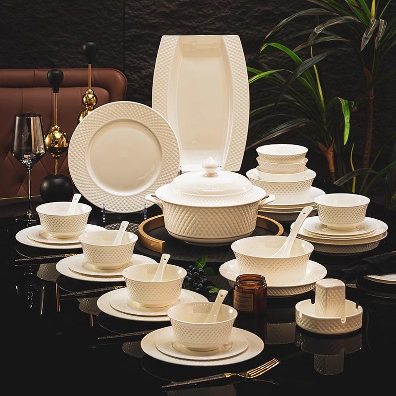 Pure White Bone China Irregular Embossed Floral Anti-scalding Tableware Set