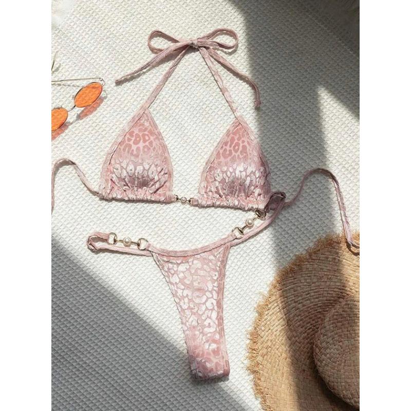 Shiny Pink Micro Bikini 2025 Mujer Women Sexy PU Pearls Push Up Thong Swimsuit Summer Bathing Suit Bandage Holiday Swimwear