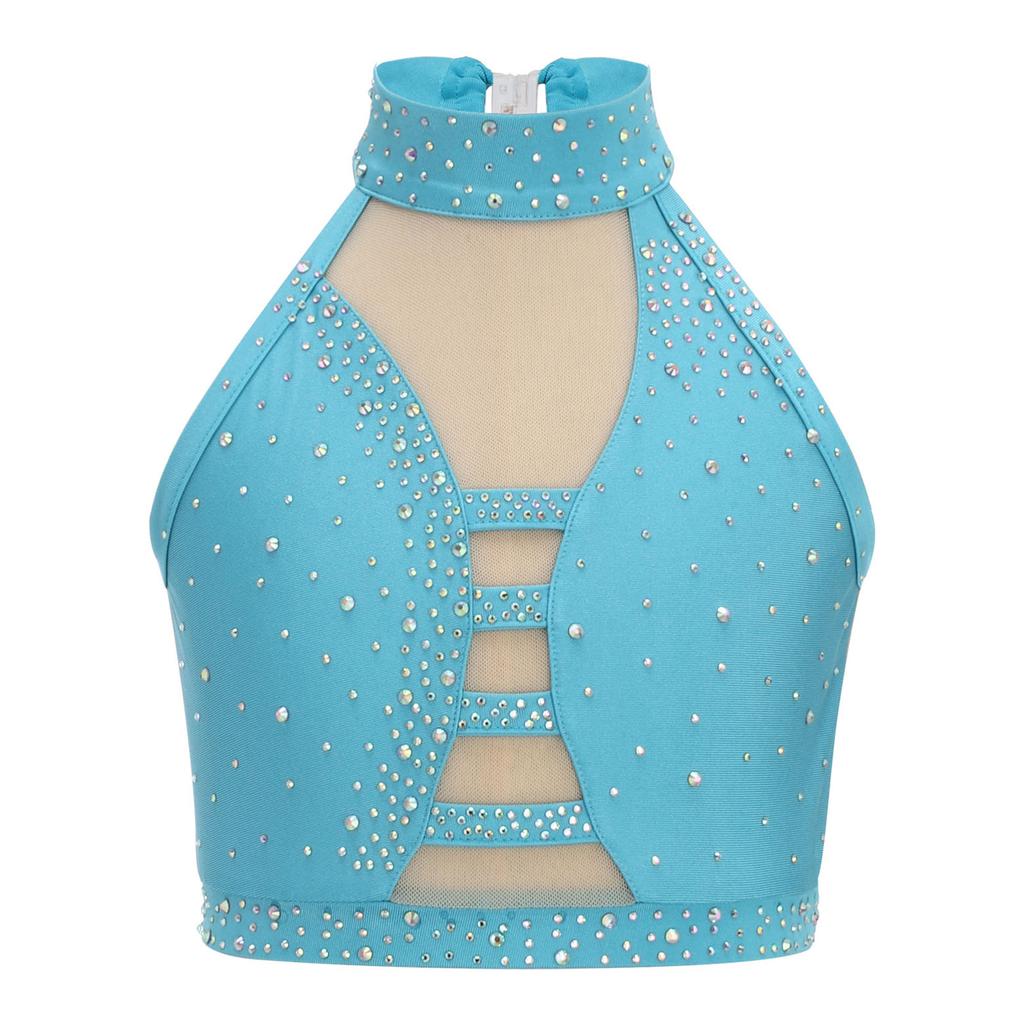 Girls Latin Dance Crop Top Halter Sleeveless Crisscross Back Mesh Patchwork Sparkling Rhinestones Vest