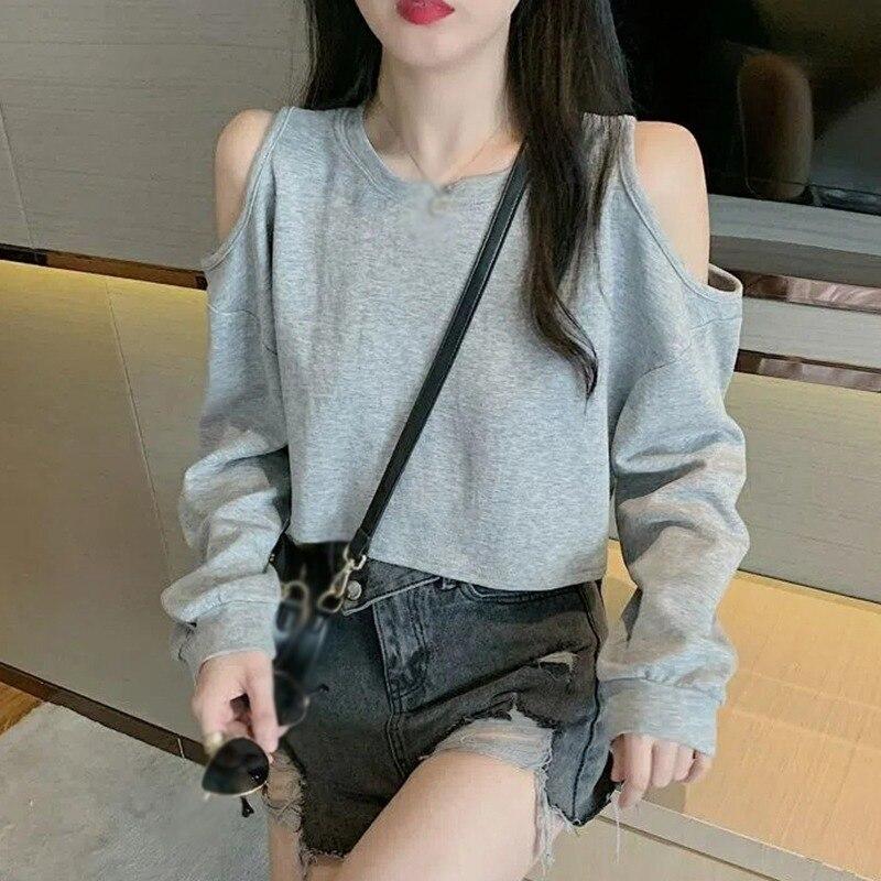 Vintage Off Shoulder Tshirts For Woman Long-Sleeved T-Shirt Women's 2020 Korean Round Neck Loose Solid Color All-Match