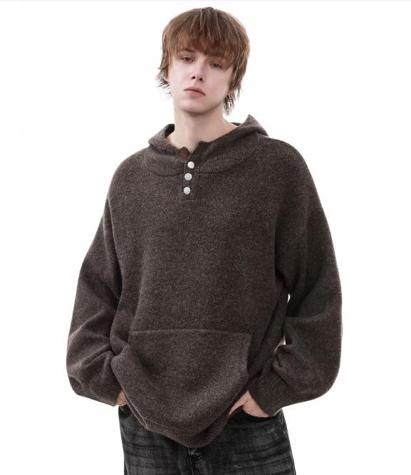 Unisex Hooded Knit Cardigan Jacket - Half-Button, Thick, Loose, Trendy Sweater for Autumn/Winter XXL