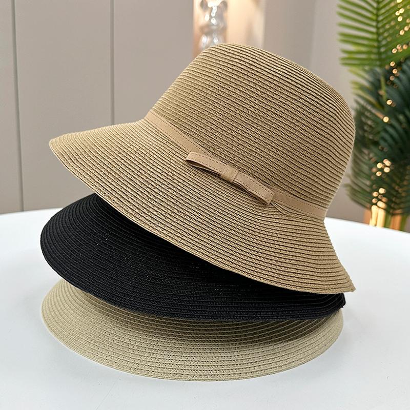 Straw hat women spring and summer straw visor bucket hat bow foldable versatile basin hat sunscreen travel hat