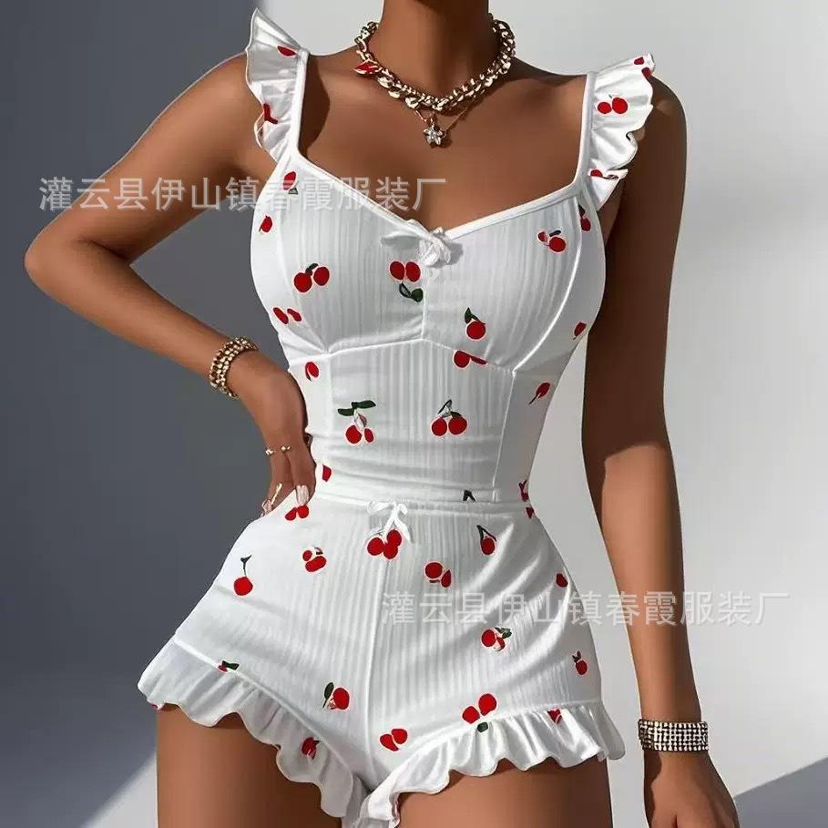 Popular pajamas suspender sexy ruffle edge multi-color love print comfortable casual loungewear women
