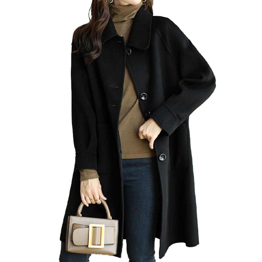 AICA Melton Trench Chesterfield Raglan Melton Solid Size Black Women's Coat, Mid-Length, Style, A-Line, Sleeves, Thick, Warm, Lightweight, Material,