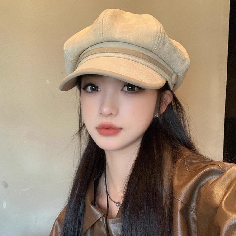 New pu leather brim octagonal hat female retro face little newsboy painter hat big head circumference beret
