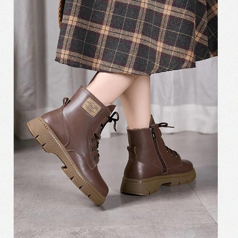 Johnature Moteriški batai iš natūralios odos, medvilniniai batai, iš karvės odos, pliušiniai, šilti, apvaliu priekiu, storapadžiai, aulinukai