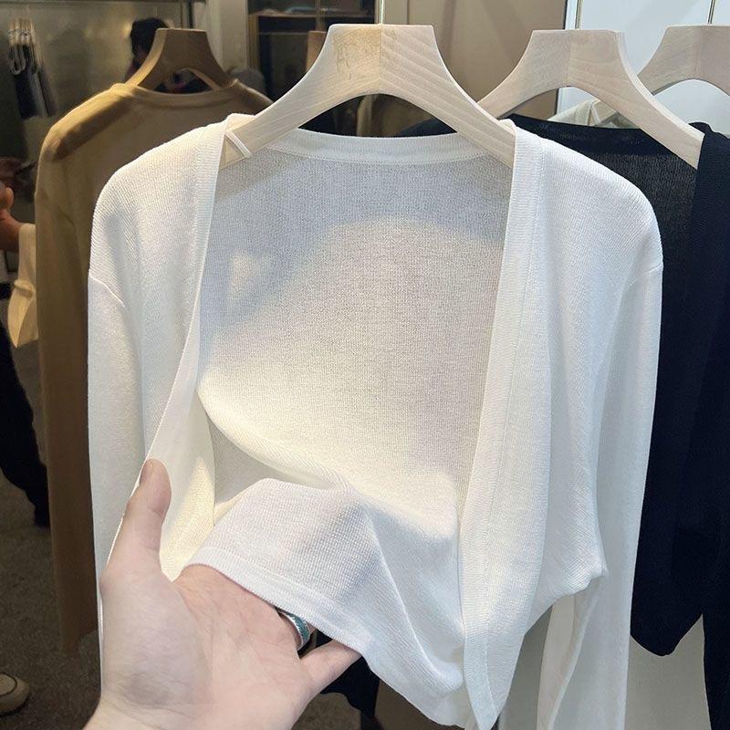 Black thin ice silk knitted cardigan for women with suspender skirt, summer outer sunscreen blouse, air-conditioning shirt, shawl jacket