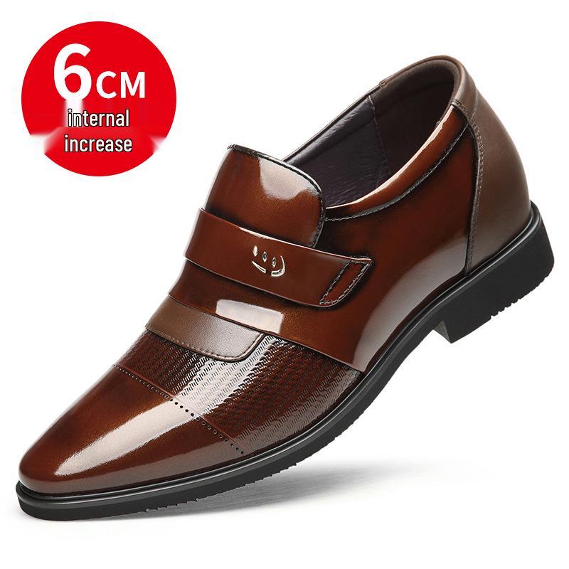 Men's Formal Leather Shoes with Height Increase - Genuine Shiny Cowhide for Business & Weddings