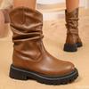 Retro Mid Length Boots for Women In Autumn New Oversized Round Toe Pleated Simple Comfortable Women's Boots