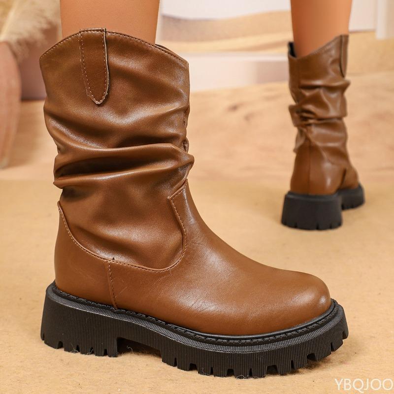 Retro Mid Length Boots for Women In Autumn New Oversized Round Toe Pleated Simple Comfortable Women's Boots