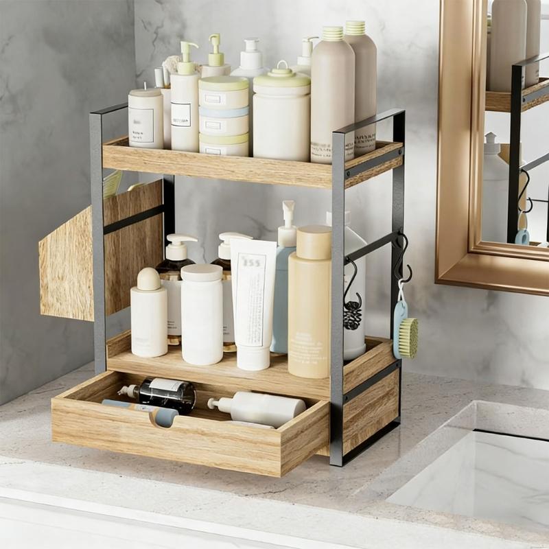 Stylish Wood Countertop Shelf With Open Storage Design For Makeup And Skincare Products