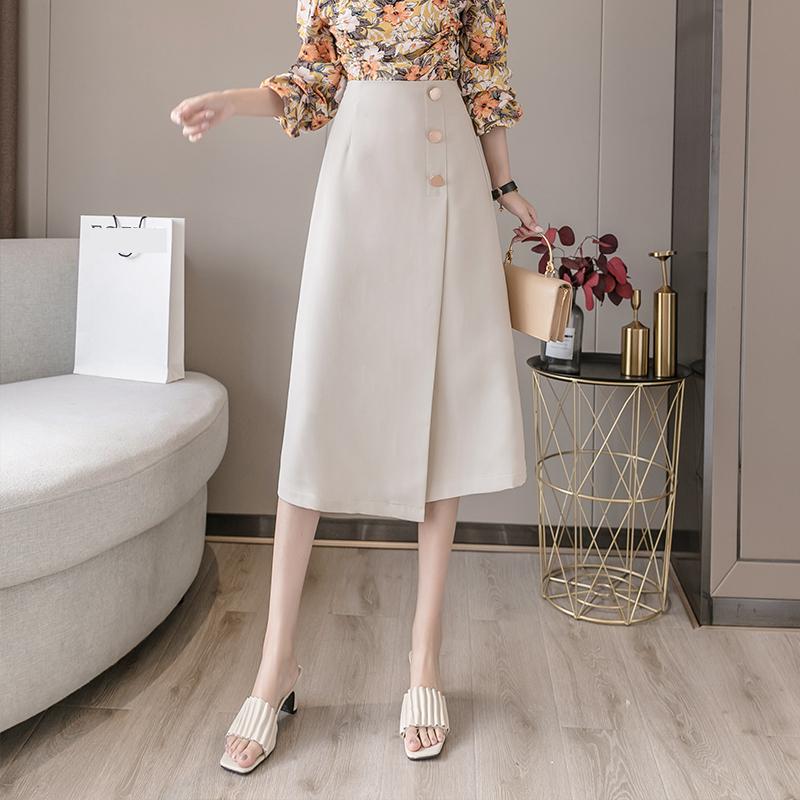 

Лето-осень в гонконгском стиле, черная юбка, формальные женские профессиональные юбки с высокой талией на пуговицах M бежевый