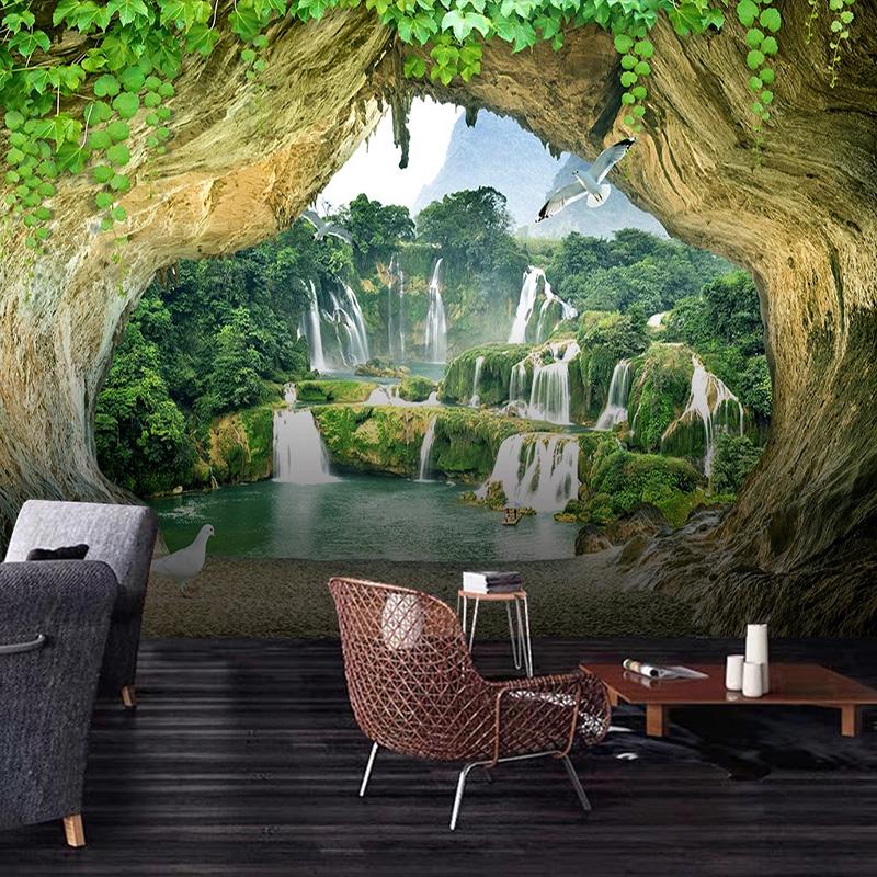 Cave Waterfall 3d Stereoscopic Scenery Wall Paper For Living Room Kitchen Restaurant Bar Wall Decor Mural Wallpaper
