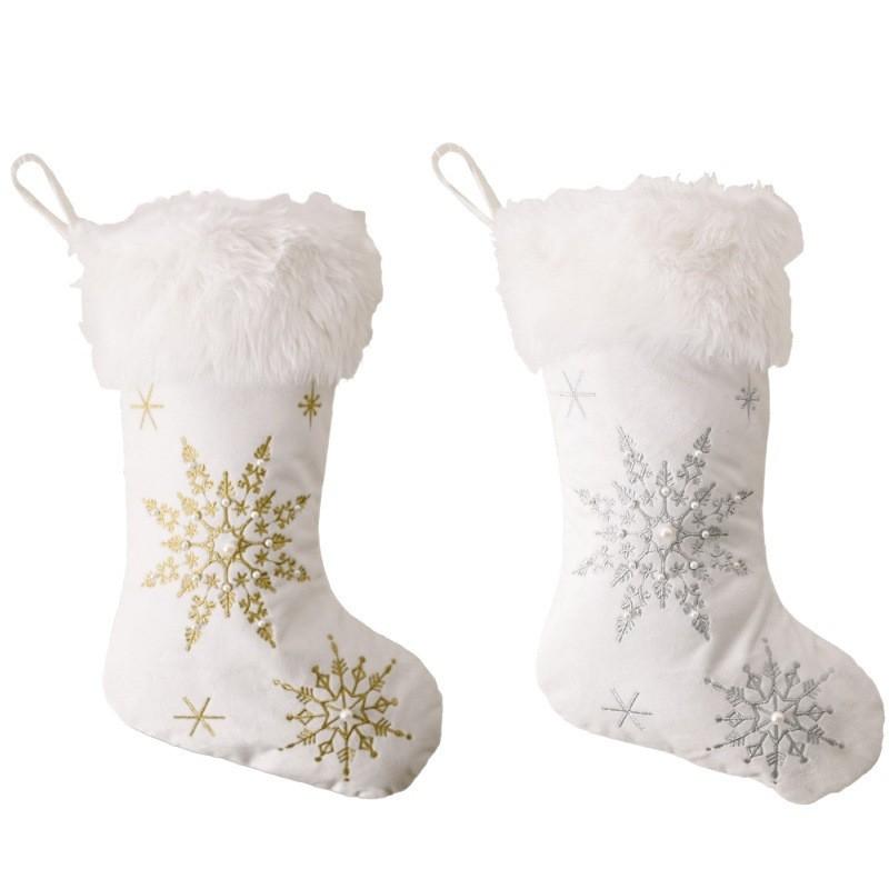 Christmas Plush Stocking With Pearl Snowflake Festive Hanging Decor Holiday