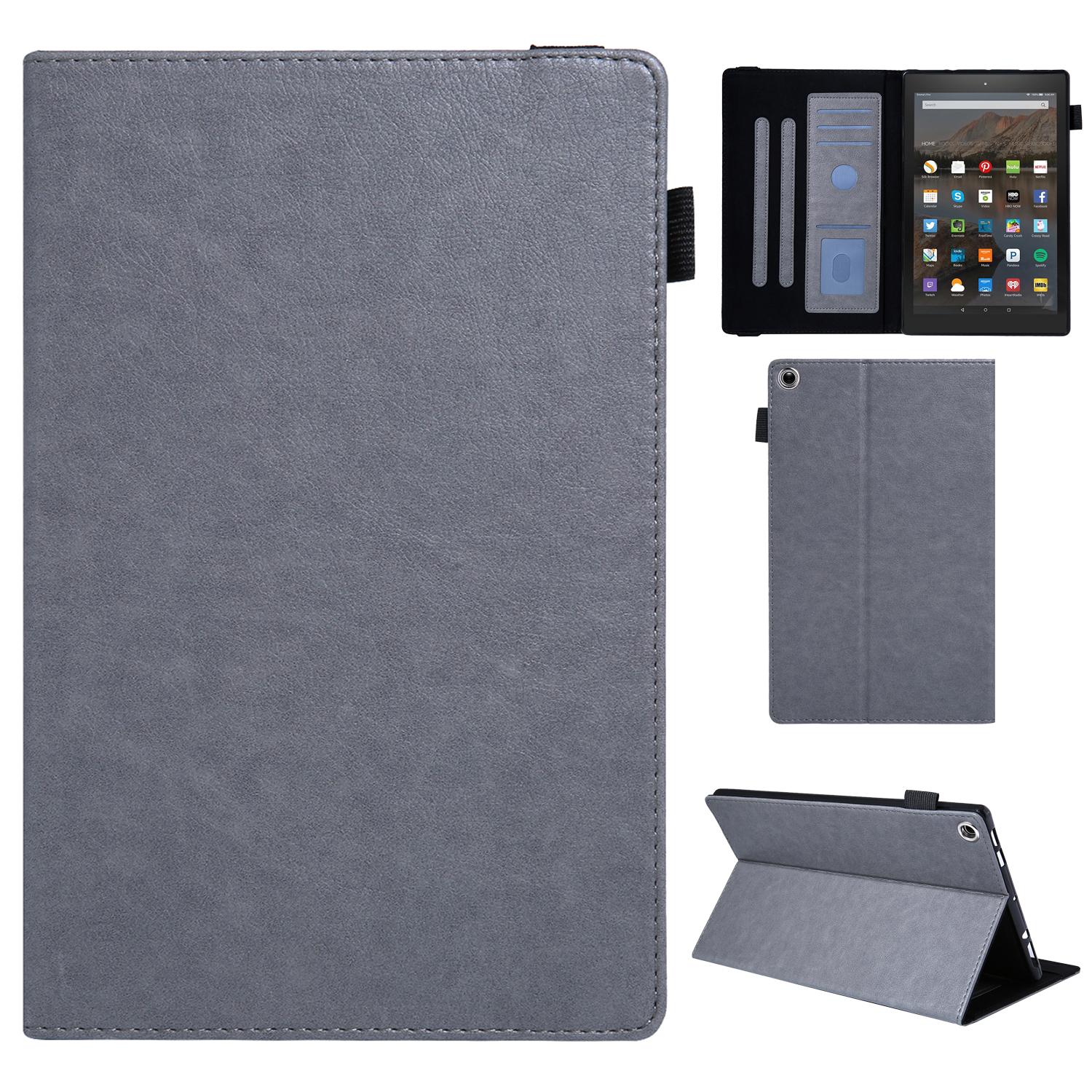 

For Amazon Fire HD 10 (2015)/(2019)/(2017) Case Card Slots Shockproof Tablet Leather Flip Cover Grey