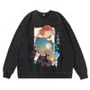 Vintage Washed Dark Anime Print Streetwear Hoodie Men - Retro Urban Sweatshirt With Cotton Lining