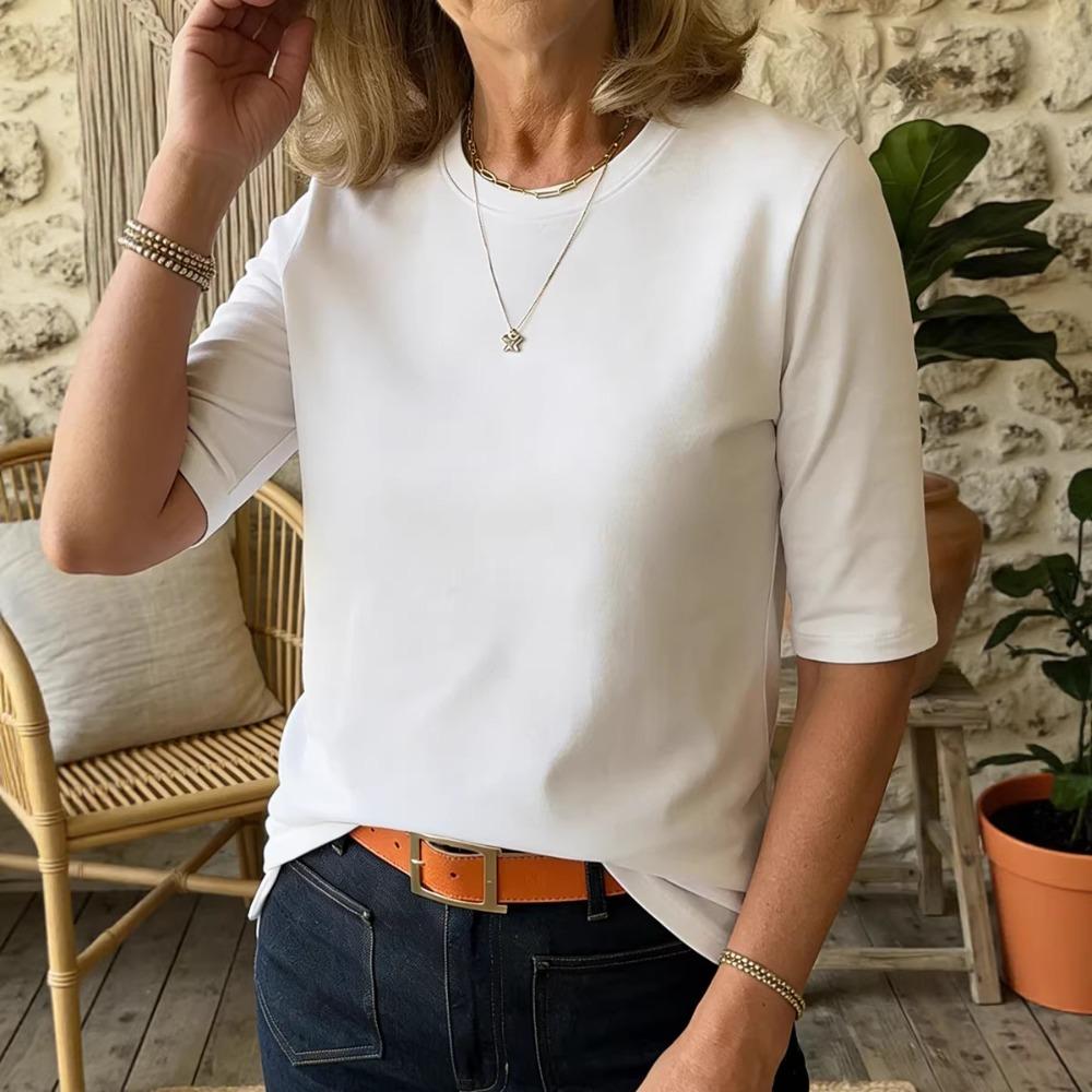 Women Comfort Versatile T-Shirt, Casual Round Neck Shoulder Short Sleeve Top for Inner & Outer Wear