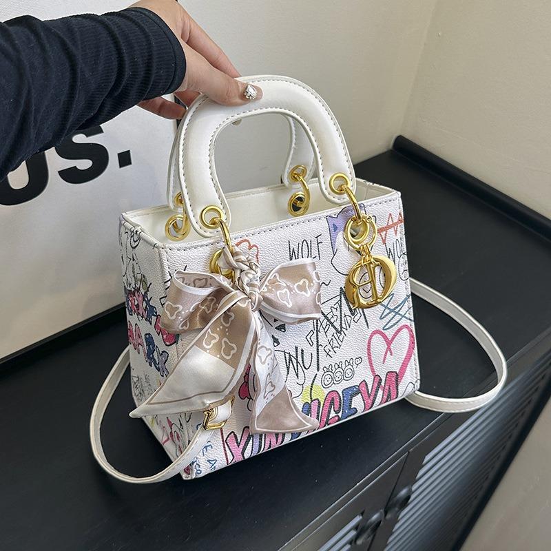 New fashion silk scarf graffiti contrasting color Princess Diana bag portable shoulder oblique span trendy women's bag