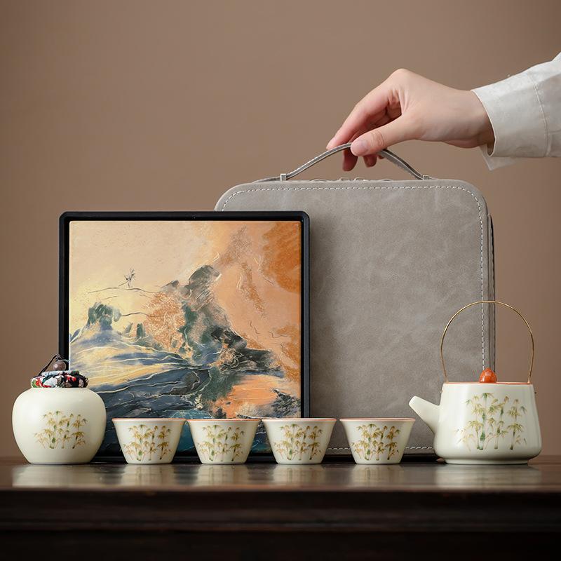 Jinsi Bamboo Ru Kiln Camping Kung Fu Tea Set Small Set Storage Bag Anti-scalding Ceramic Teacup Portable Tea Set